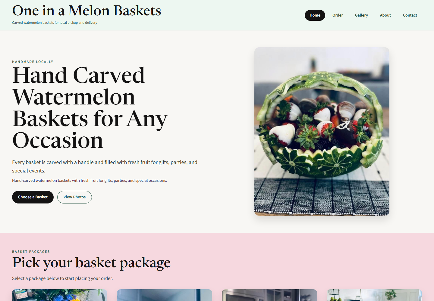 Desktop screenshot of the watermelonbaskets.com homepage.